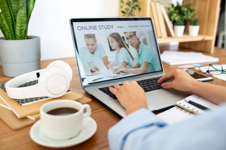 Female hands pressing keys of laptop keypad while sitting in front of display